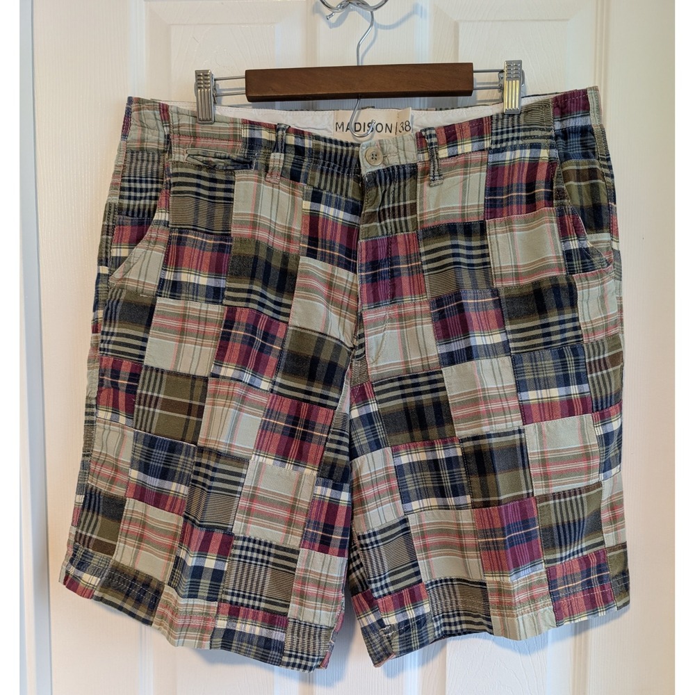 Madison Madras Shorts Mens 38 Golf Patchwork Plaid  Multicolor Cotton VERY NICE